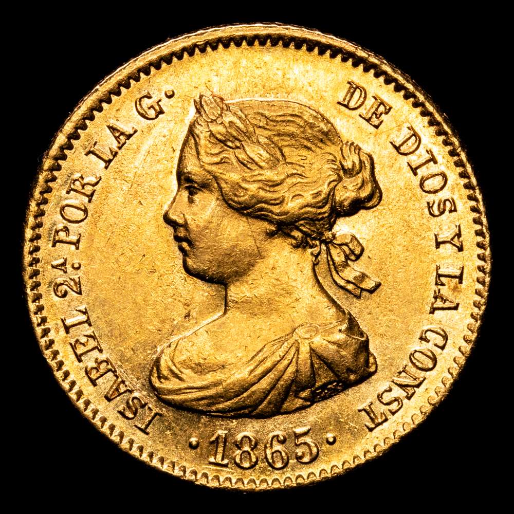 Isabel II (1833-1868). 4 escudos. 1865. Madrid. (Cal-688). Au. 3,35 g. EBC.