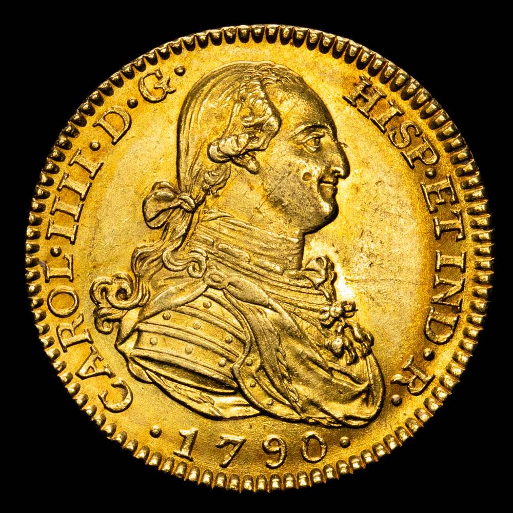 Carlos IV. 2 Escudos. (6,73 g.). Madrid. 1790. M·F. AC-1275. EBC+. Muy bella. Restos de brillo original. Escasa así.