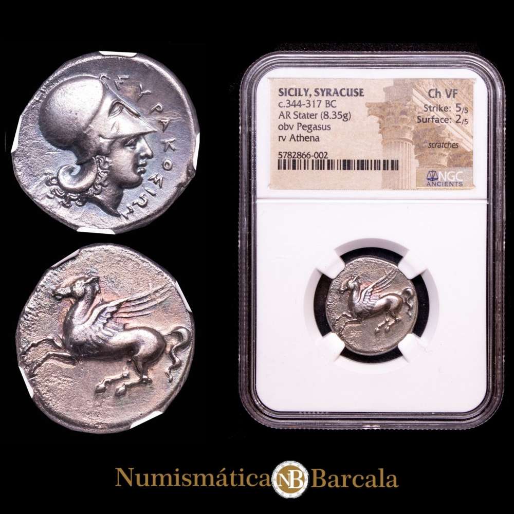 Sicilia, Siracusa. Timoleón y la Tercera Democracia. Stater (8,35 g.), 344-317 a.C. Pegaso 1. Encapsulada por la NGC, Ch VF