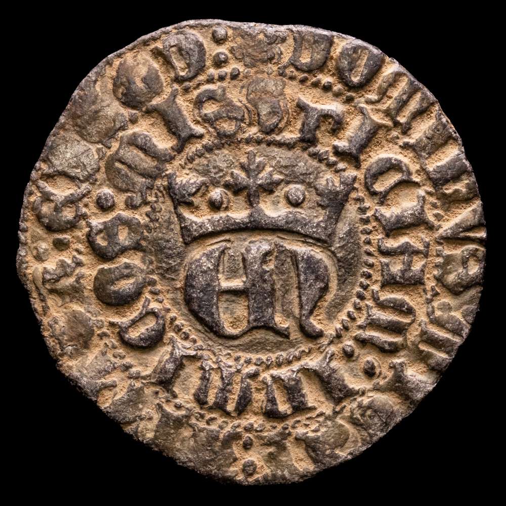 Reino de Castilla y León. Enrique II (1368-1379). Real de vellón. Palencia. (Bautista-579.1). Ve. 2,73 g. P bajo el cuartelado y rosetas en los extremos. Rara. MBC