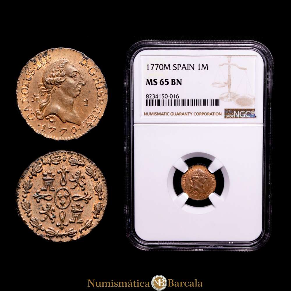 Carlos III (1759-1788). 1 maravedí. 1770. Madrid. (Cal-27). Ae. Precioso ejemplar. Encapsulada por NGC como MS 65 BN. Solamente un ejemplar mejor conservado según el censo de NGC.