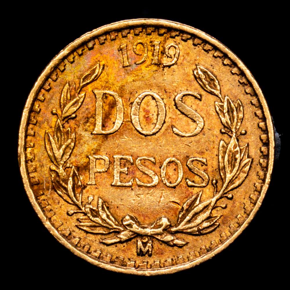 México. 2 pesos. 1919. México. (Km-461). Au. 1,65 g. MBC+.