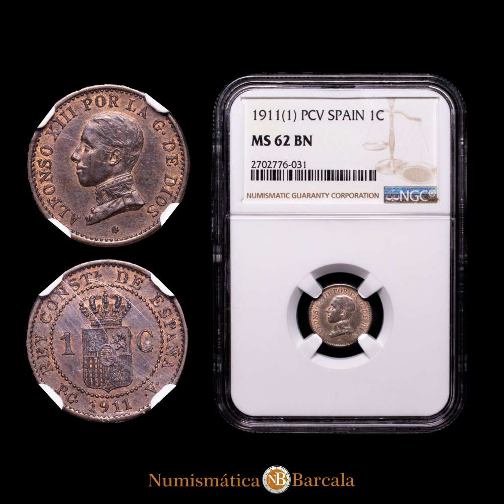 Alfonso XIII. 1 Centimo.  Madrid. 1911(1). PC·V. NGC MS62 BN.