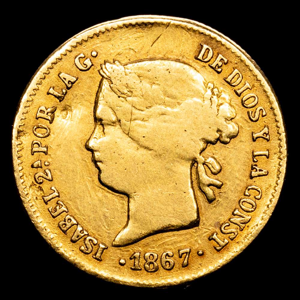 Isabel II – 1 Peso (AU 1,69 g.) 1867. Manila (Filipinas). AC-831. Rarísima