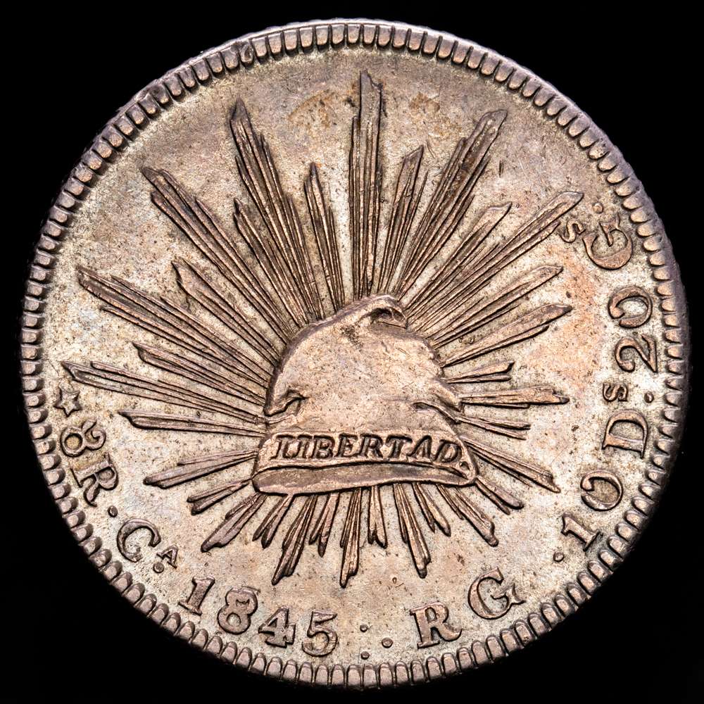 México. 8 Reales. (27,11 g.). Chihuahua. 1845. R·G. KM-377,2. MBC+. Pátina