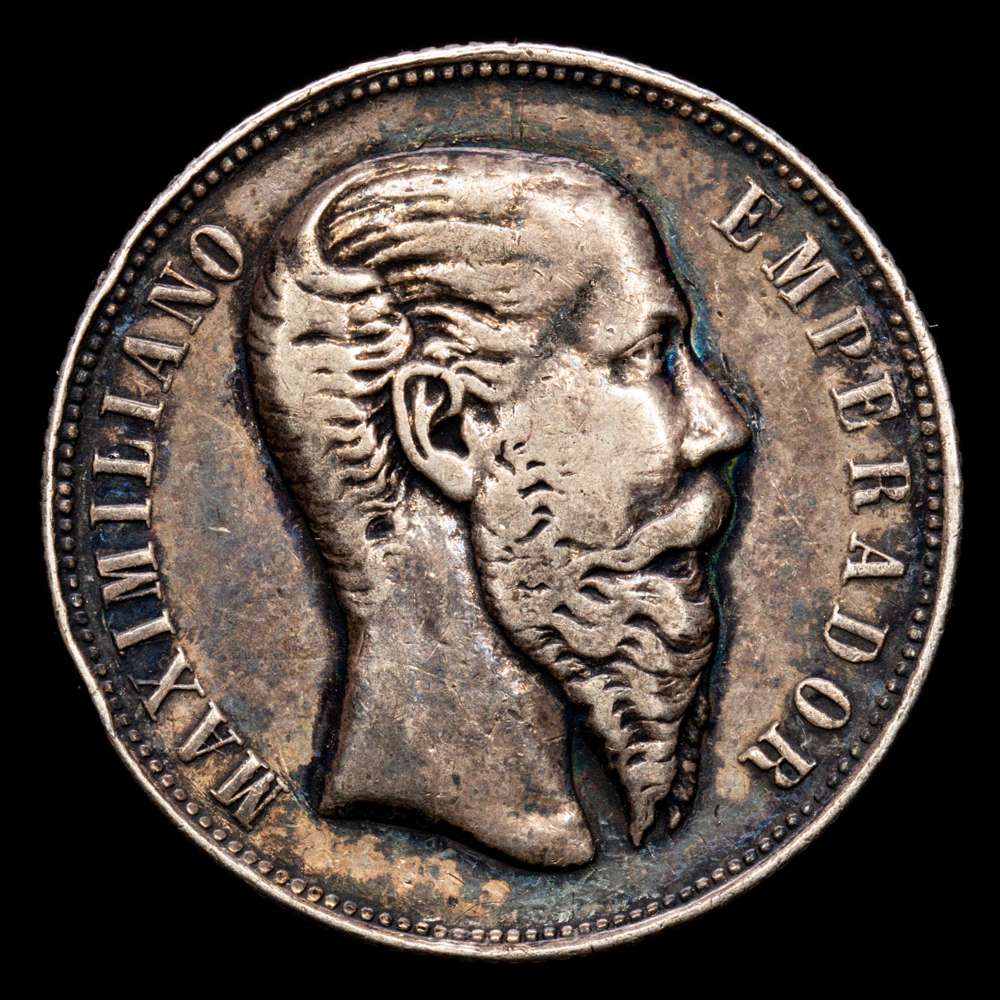 México 50 Centavos 1866 Mo . KM# 387, N# 15044; Plata; Maximiliano I; Casa de la Moneda de México; Tirada 31000 uds.; XF . Patina oscura .