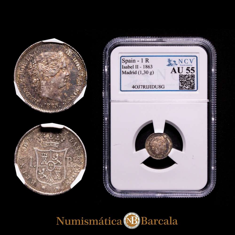 Isabel II. 1 Real. (1,31 g.). Madrid. 1863. AU55. (EBC+). Bella pátina , escasa así .