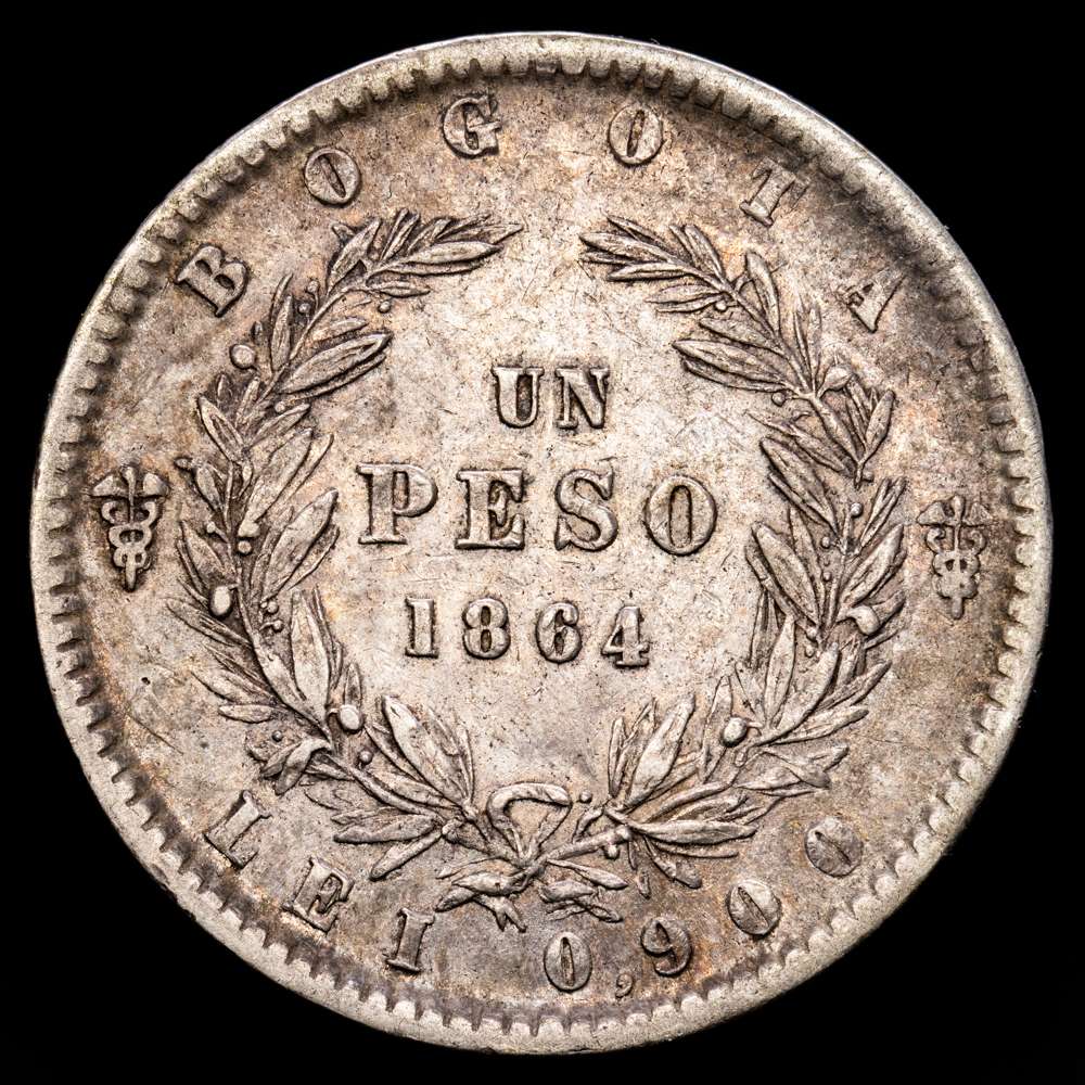 Colombia. 1 Peso. (24,94 g.). Bogotá. 1864. KM-139,1. VF+. Escasa