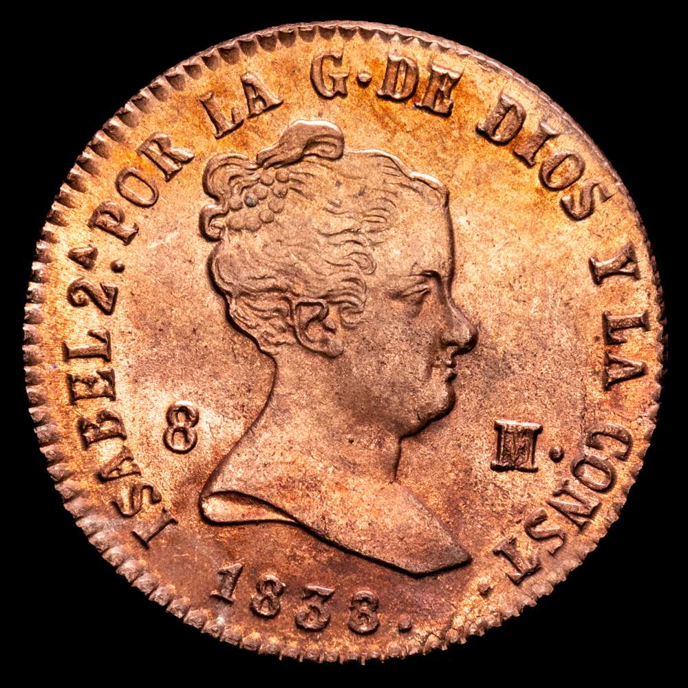 Isabel II (1833-1868). 8 maravedís. 1838. Segovia. (AC-124). Ae. 9,97 g. Parte de brillo original. (EBC+).