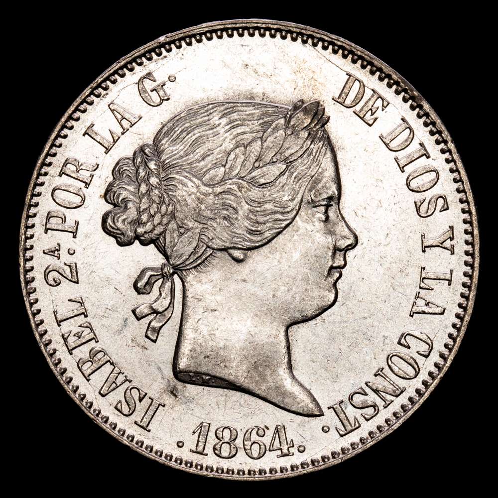 Isabel II. 10 Reales. (12,92 g.). Madrid. 1864. AC-541. EBC+. Gran parte del brillo original. Escasa así.