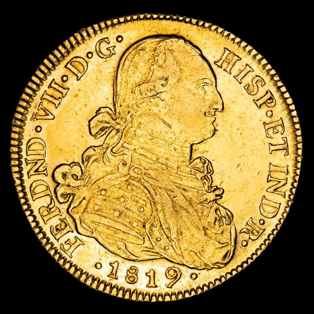 Fernando VII. 8 Escudos. (27,16 g.). Nuevo Reino. 1819. Ensayador J·F. Aureo y Calico-1857. EBC-/EBC+. Gran parte de brillo original.