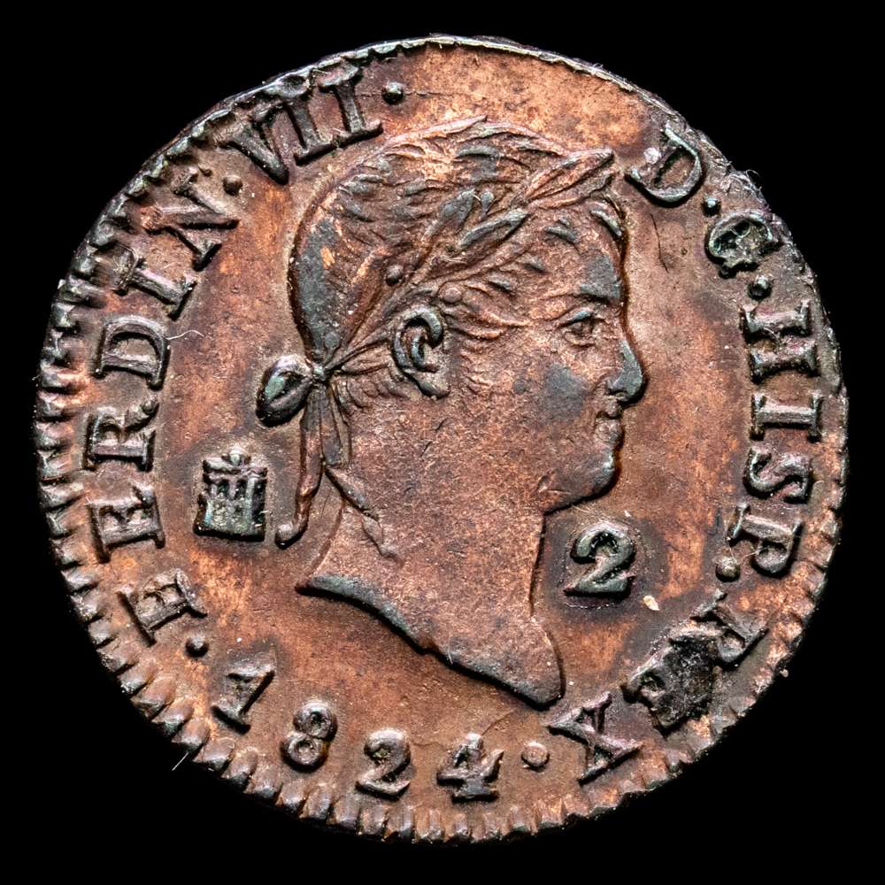 Fernando VII. 2 Maravedís. (2,33 g.). Segovia. 1824. Aureo y Calicó-145. EBC.