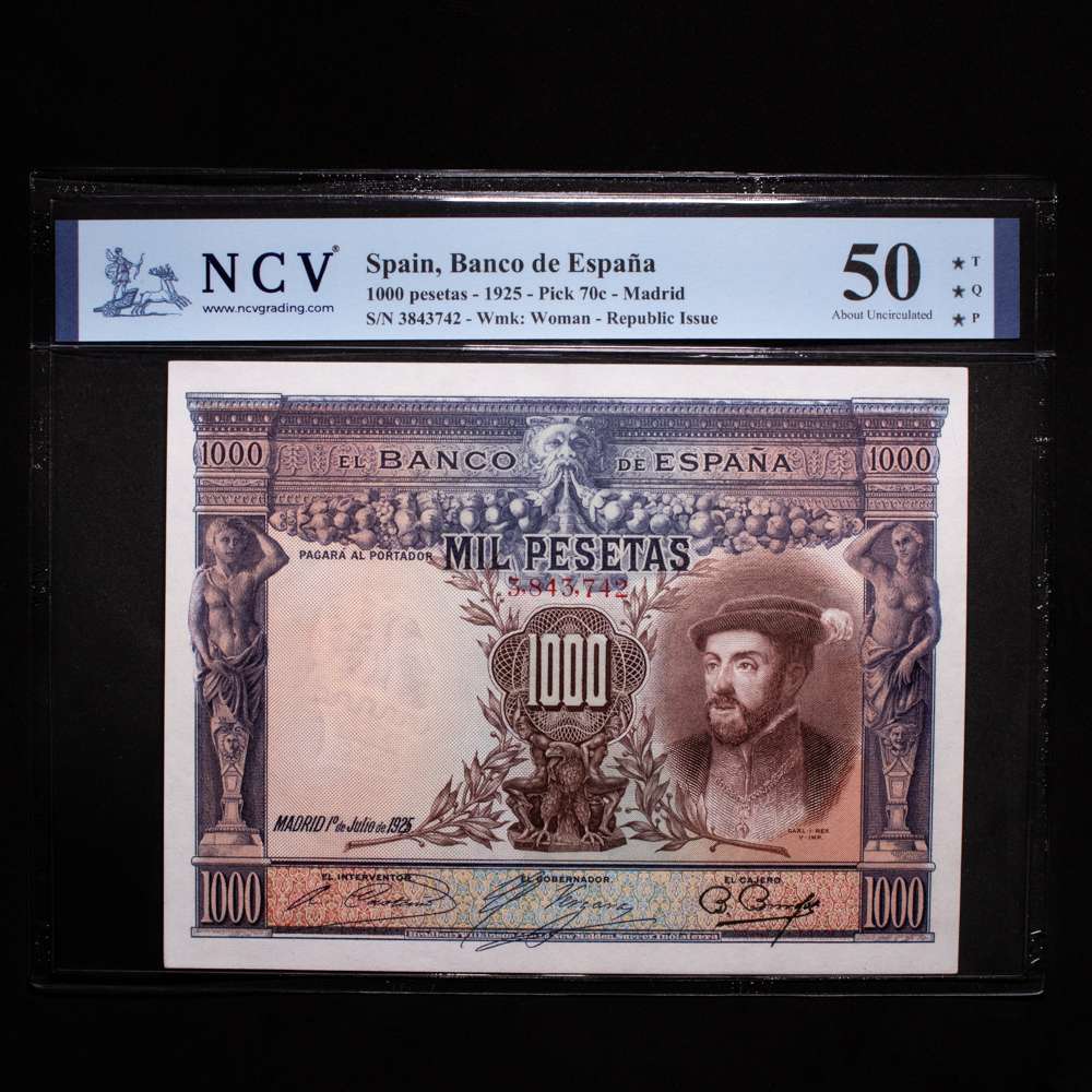 España – Banco de España. 1000 Pesetas. ( g.). Madrid. 1925. Pick 70c. 50 About Uncirculated. T*Q*P*. Top Quality Paper ***