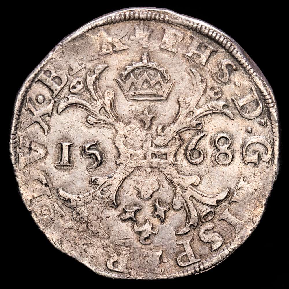 Felipe II (1556-1598). 1 escudo de Borgoña. 1568. Ámbares. (Tauler-1274). (Vti-1305). (Vanhoudt-290.AN). Ag. 29,88 gramos. MBC+