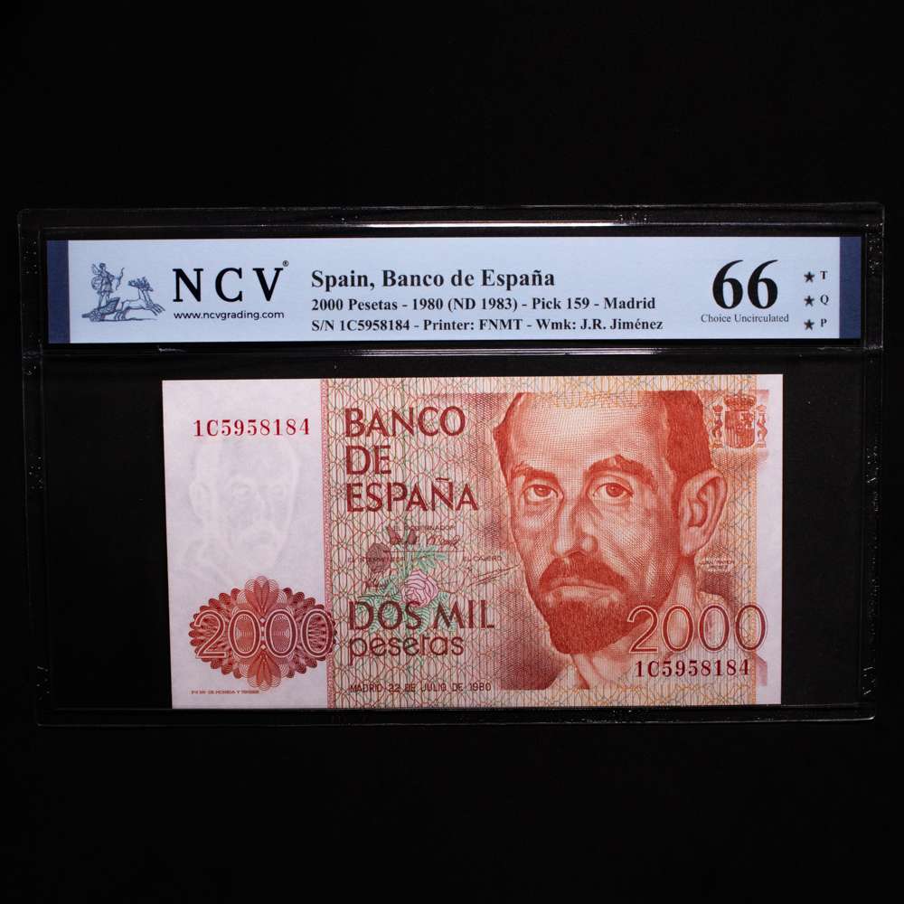 España – Banco de España. 2000 Pesetas. Madrid. 1980 (ND 1983). FNMT. Pick 159. 66 Choice Uncirculated. T*Q*P*. Top Quality Paper.