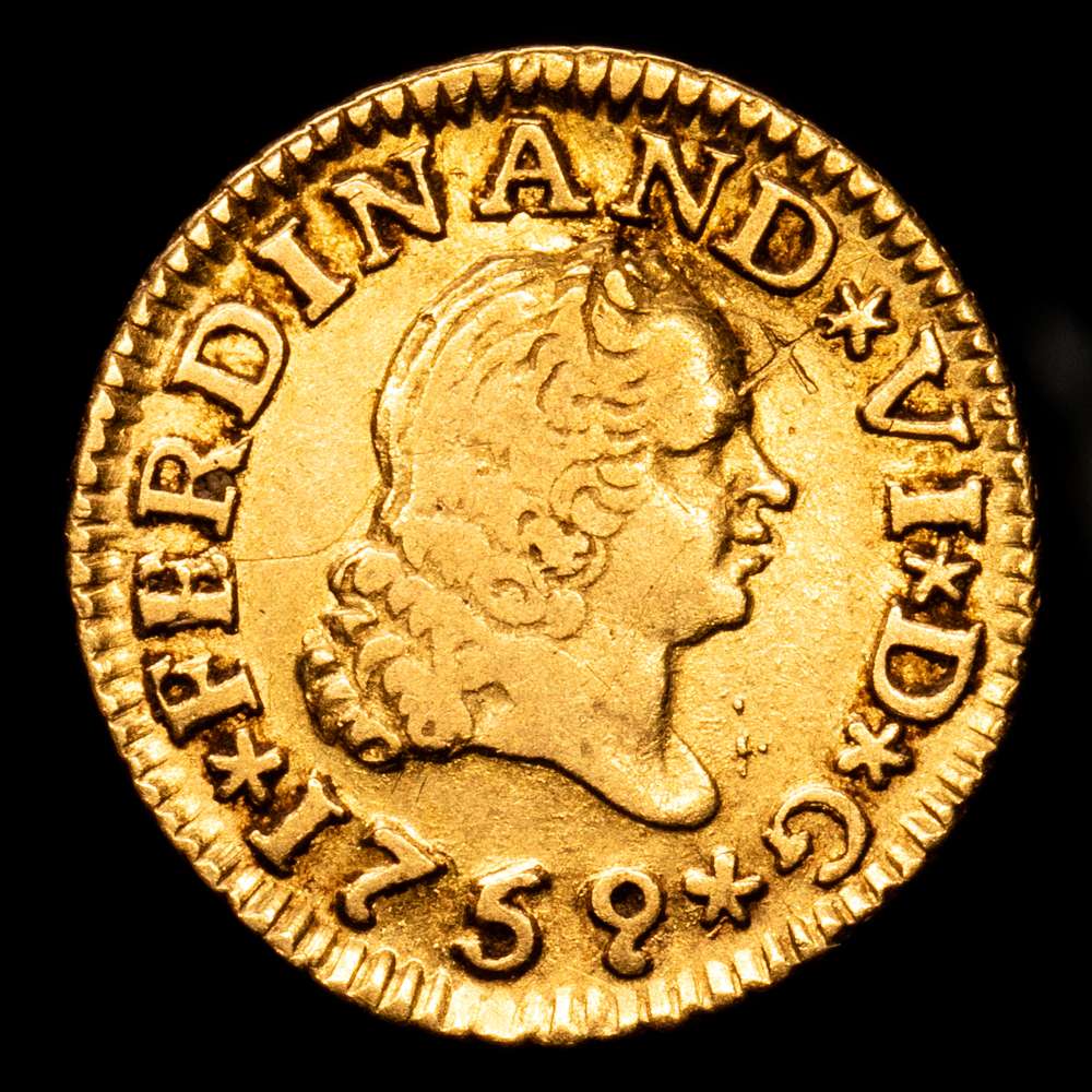 Fernando VI. 1/2 Escudo. (1,76 g.). Sevilla. 1759. J·V. AC-587. MBC. Cuarto busto