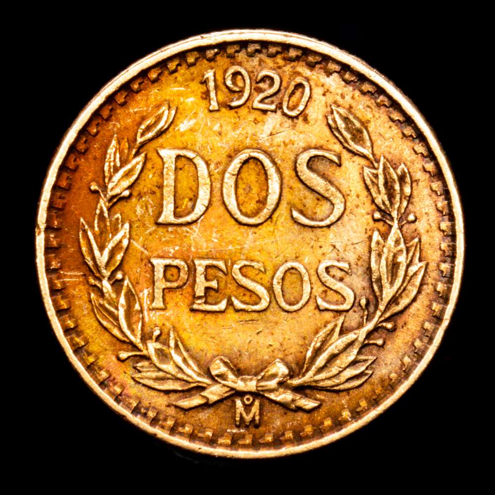 México. 2 pesos. 1920. México. (Km-463). Au. 1,69 g. MBC+.