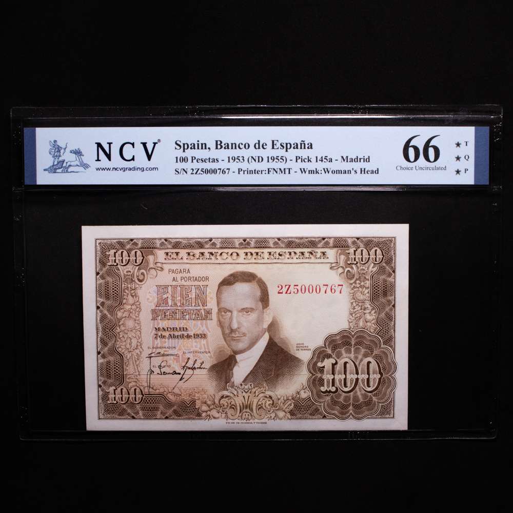 España – Banco de España. 100 Pesetas. Madrid. 1953 (ND 1955). FNMT. Pick 145a. 66 Choice Uncirculated. T*Q*P*. Top Quality Paper ***