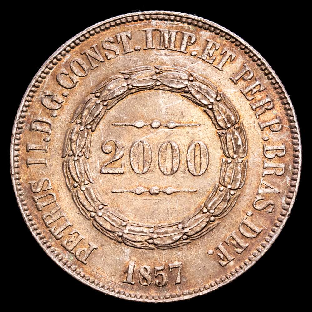 Brasil – Pedro II. 2000 Reis. (25,42 g.). Rio. 1857. KM-466. XF+. Bella pátina de monetario