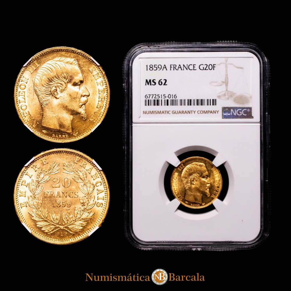 Francia, Napoleón III, 20 francos, 1859 A, Casa de la Moneda de París, oro, KM# 781.1, NGC MS62