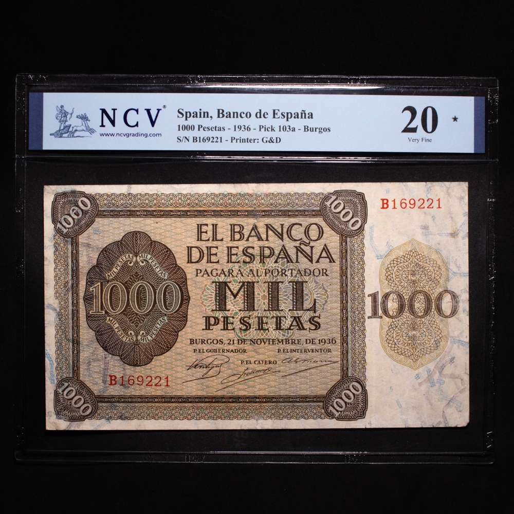 España – Banco de España. 1000 Pesetas. Burgos. 1936. G&D. Pick 103a. 20 Very Fine.