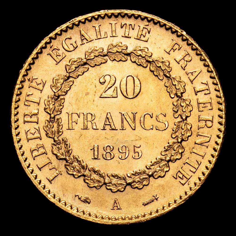 Francia 20 Francos 1895 A KM# 825, # 3654; Oro (.900) 6,45 g.; Casa de la Moneda de París; XF/AUNC