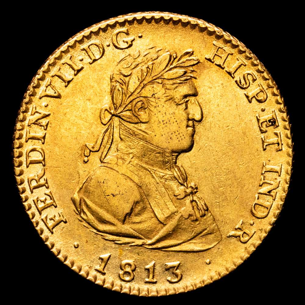 Fernando VII. 2 Escudos. (6,71 g.). Madrid. 1813. G·J. AC-1610. MBC+. Rara. Segundo busto