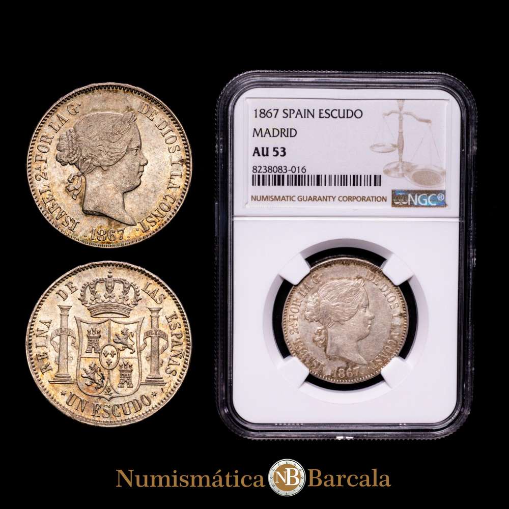 Isabel II (1833-1868). 1 escudo. 1867. Madrid. (Cal 2019-565). Ag. Atractiva. EBC+. Encapsulada por NGC como AU 53. Tono.