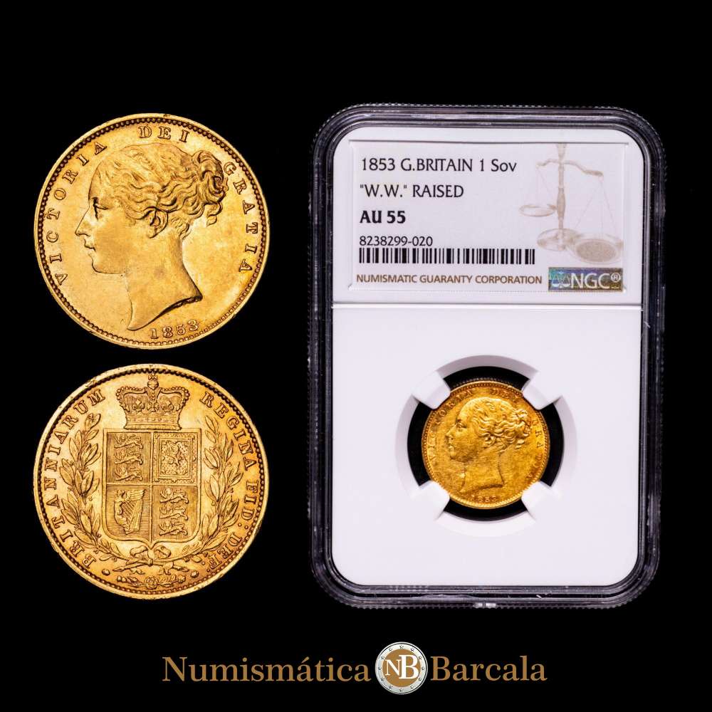 Gran Bretaña, Victoria, 1837-1901. Soberano con escudo AV, 1853, ceca de Londres, “WW” en relieve (KM736.1; S-3852C; Fr. 387e). Calificación AU55 NGC.