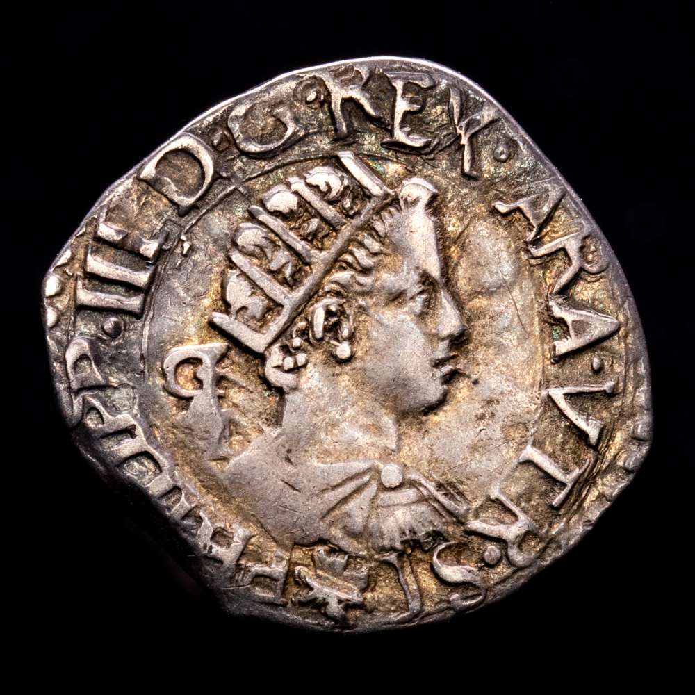 Felipe III (1598-1621). 1/2 carlino. Nápoles. CF. (Tauler-1876). (Vti-205 var). (Mir-215/2). Ag. 1,36 g. Bonita pátina. MBC+.