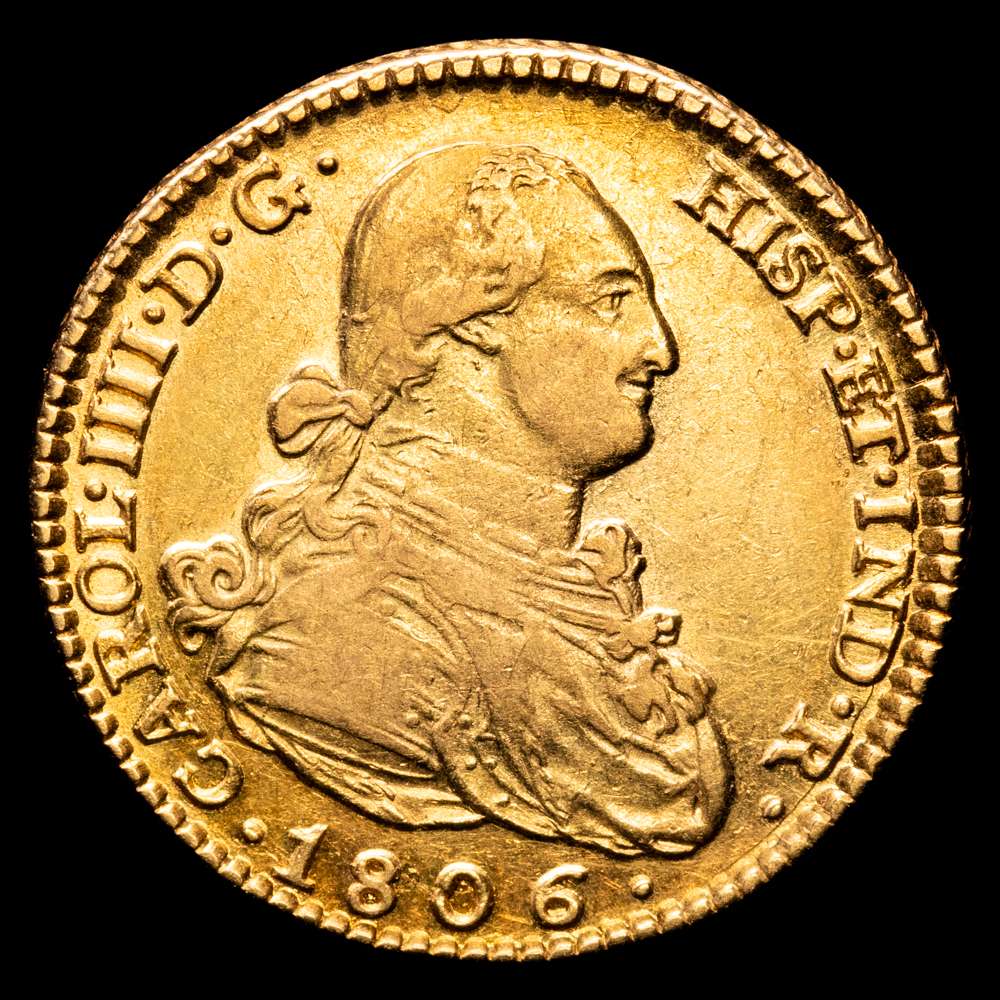 Carlos IV. 2 Escudos. (6,72 g.). Madrid. 1806. F·A. AC-1314. MBC+/EBC-. Bonito color.