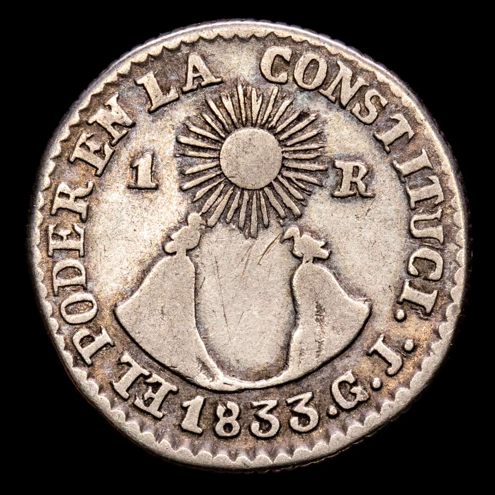 República de Ecuador. 1 Real. (2,91 g.). Quito. 1833. Ensayador G·J. KM-13. MBC. Muy rara. EL ECUADOR EN COLOMBIA