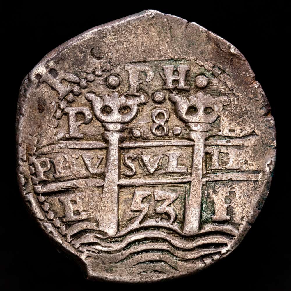 1653. Felipe IV. Potosí. E. 8 reales. (AC. 1503). PH bajo corona. Rara. 26,84 gramos. MBC+.