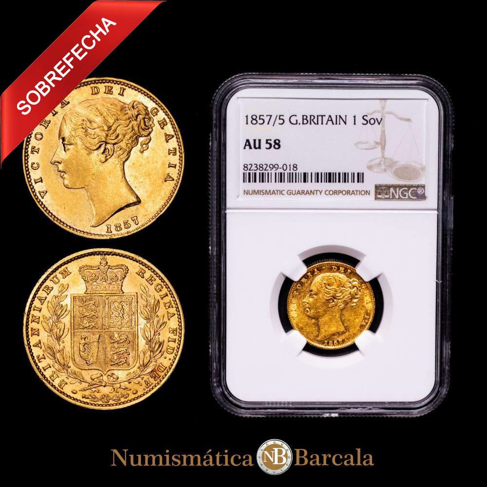 Soberano de oro de Gran Bretaña Victoria 1857/5. Encapsulada como AU 58 por NGC, KM736.1, S-3852D. Variedad sobredatada.