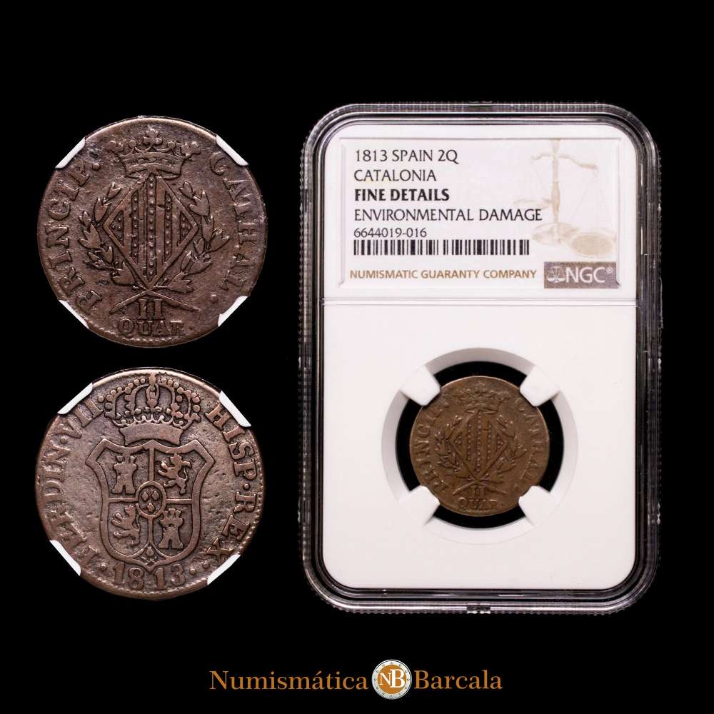 Fernando VII (1808-1833). 2 cuartos. 1813. Cataluña (Acuñada en Mallorca). (Cal-7). Ae. NGC Fine Details.