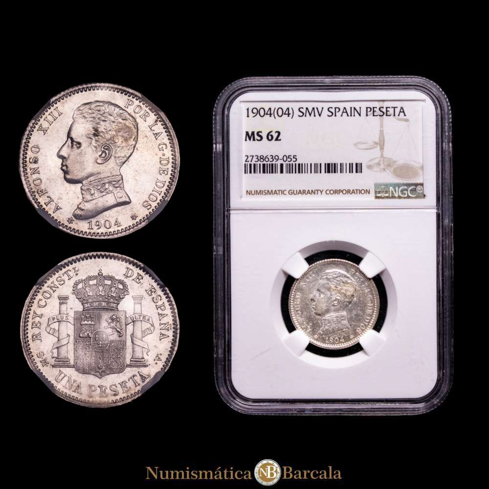 Reino de España 1904 *19-04 SMV 1 Peseta – Alfonso XIII (4º retrato) Plata (.835) Casa de la Moneda de Madrid (Encapsulada por NGC 2738639-055.) 5g NGC MS 62 KM 721