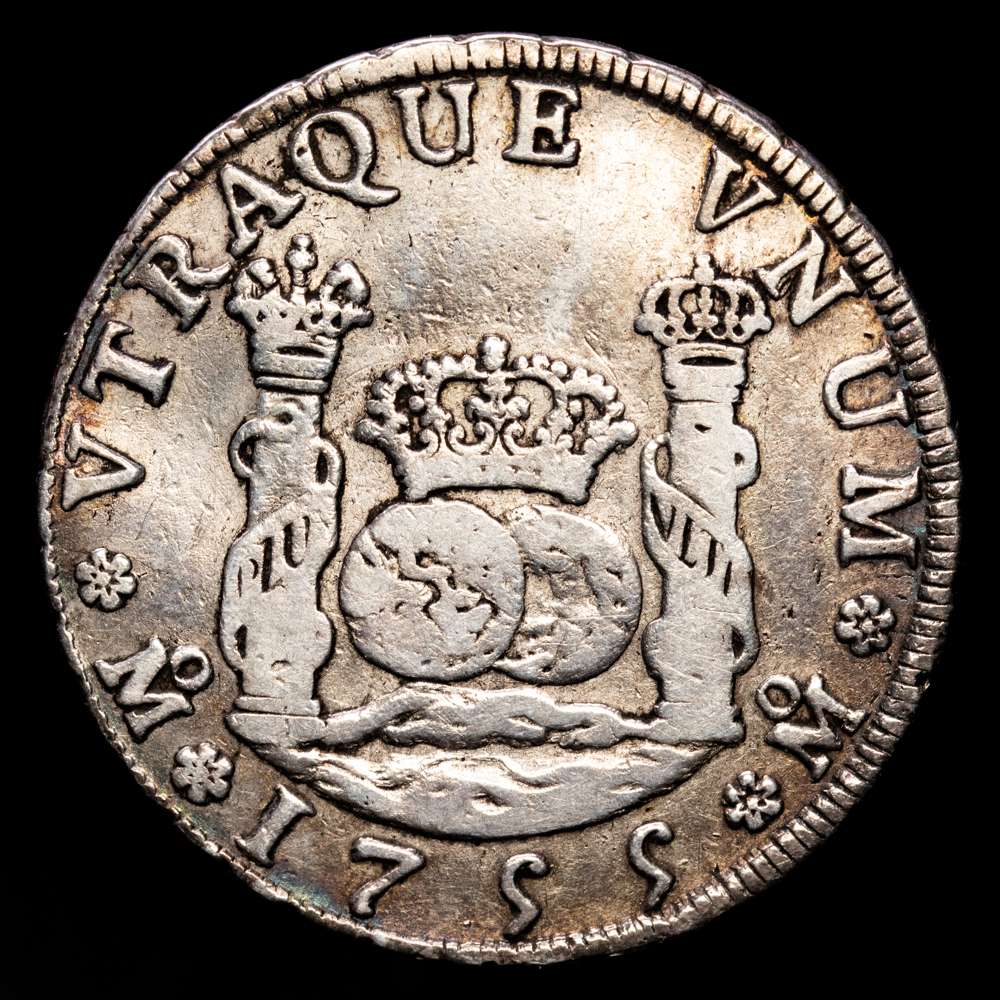 Fernando VI. 4 Reales. (13,2 g.). México. 1755. (AC. 389). Coronas real e imperial. Rara. MBC.