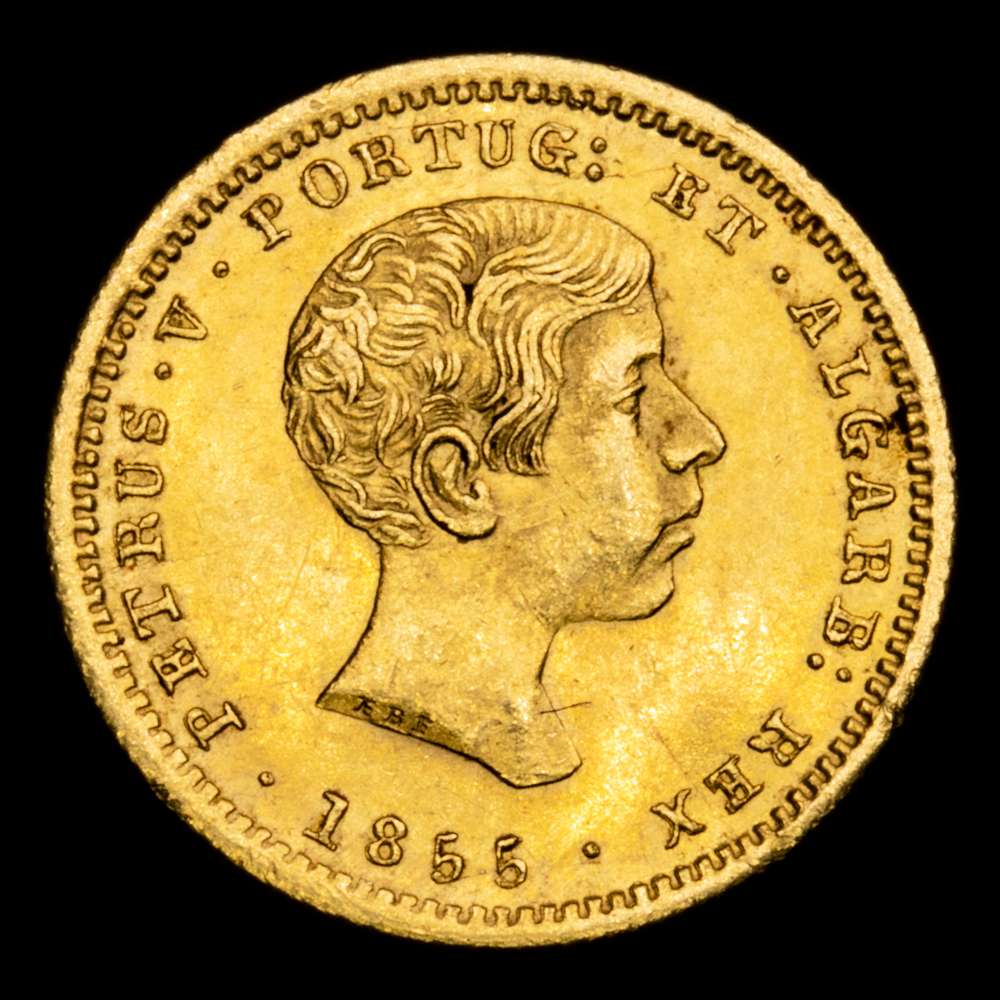 PORTUGAL, Reino. Pedro V o Esperançoso (el Esperanzado). 1853-1861. AV 1000 reales (15 mm, 1,76 g, 6 h). Ceca de Lisboa (Lisboa). 1855.