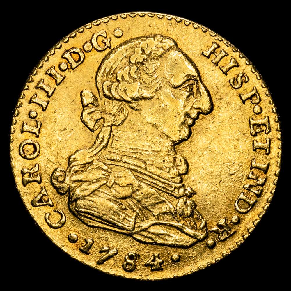 Carlos III. 2 Escudos. (6,04 g.). 1784. J·J.Santa Fe de Nuevo Reino. 2 escudos. (CA 1708 VAR). MBC+. Escasa. Posible sobrefecha sobre 8 un 6.