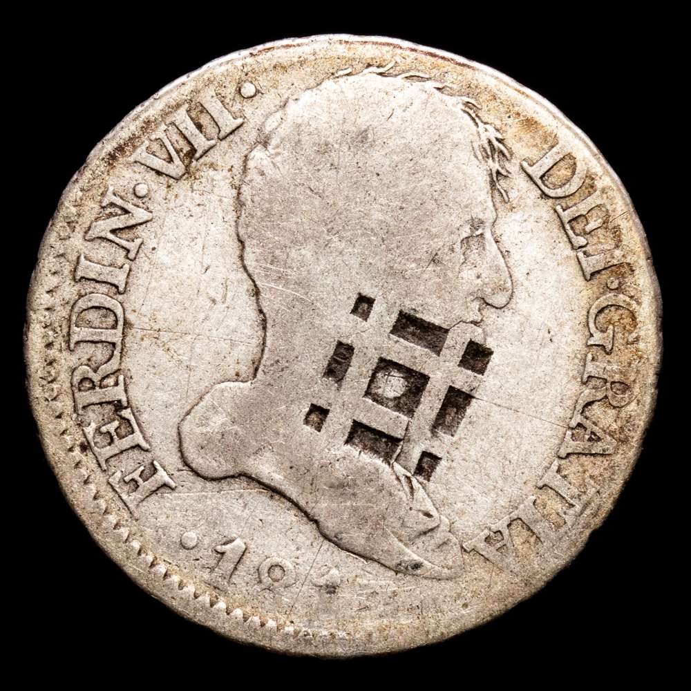 Fernando VII. 2 Reales. (5,54 g.). Madrid. 1813. I·J. AC-824. MBC-. Resello vique. Escasa