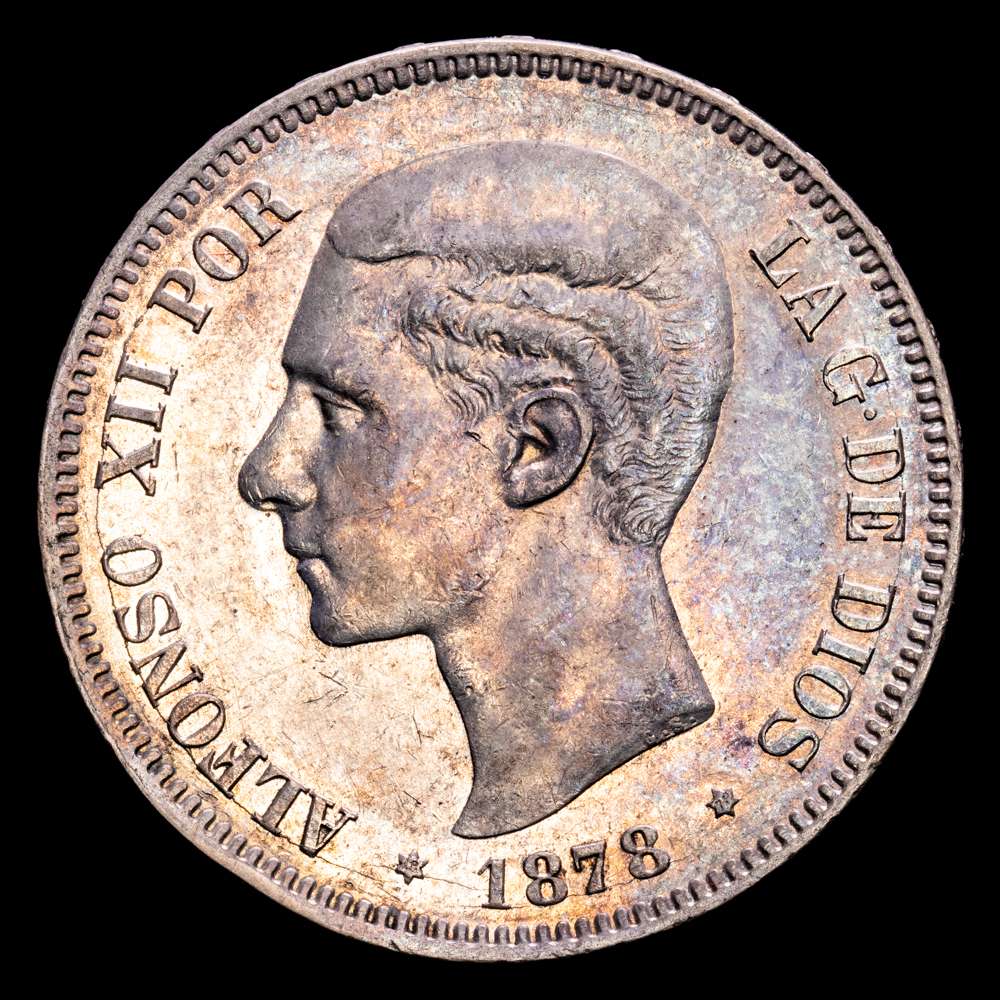 1878*1878. Alfonso XII. EMM. 5 pesetas. (AC.41). Conserva parte de su brillo original. Bonita pátina. Escasa en este estado. 25,01 g. EBC+.