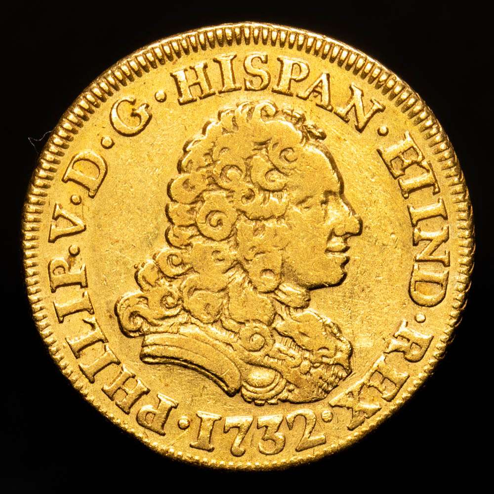 Felipe V. 2 Escudos. (6,67 g.). Madrid. 1732. J·F. AC-1869. MBC. Leyenda del reverso sin puntos. Cy9722vte. MBC+. Muy rara.