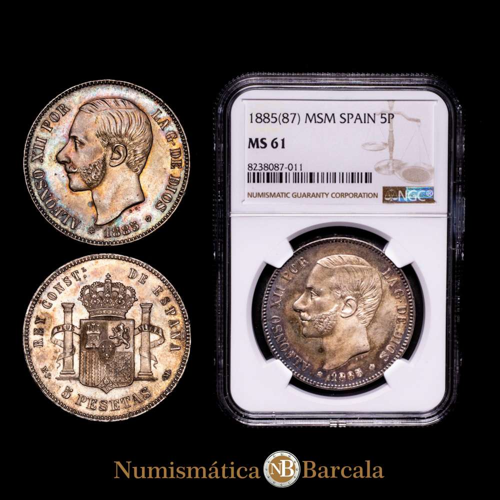 ALFONSO XII. 5 pesetas. 1885*18-87. MSM. (Cal-2019-62). SC, Parte de brillo original .Bello tono. Encapsulada NGC MS61.