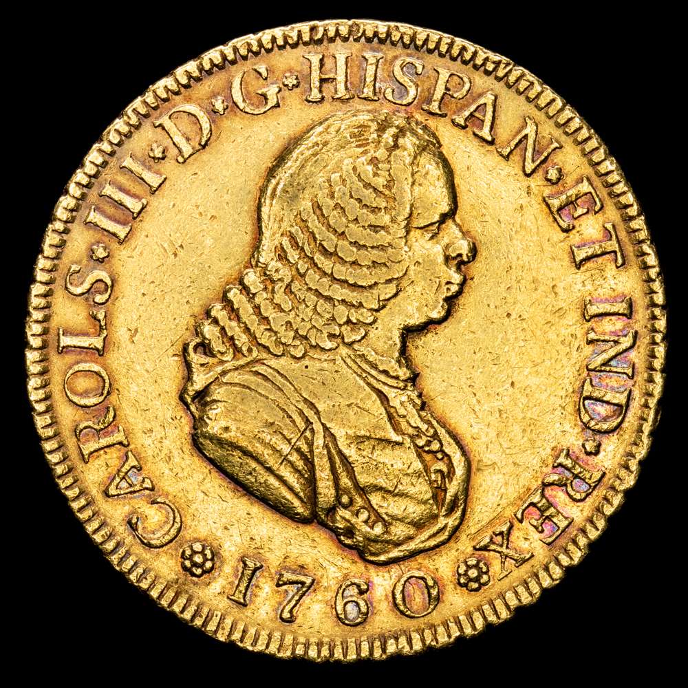 Carlos III. 4 Escudos. (13,41 g.). Popayán. 1760. J. Con los tipos de Fernando VI. Cal-2019-1830. MBC+. Muy rara. Sin indicador de valor. Restos de brillo original.