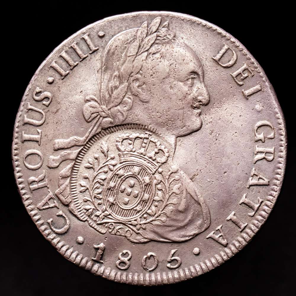 Carlos IV (1788-1808). 8 reales. 1805. Potosí. PJ. (Cal-1010). Ag. 26,72 gramos. Resellos de Minas Gerais para circular como 960 reis. MBC+.