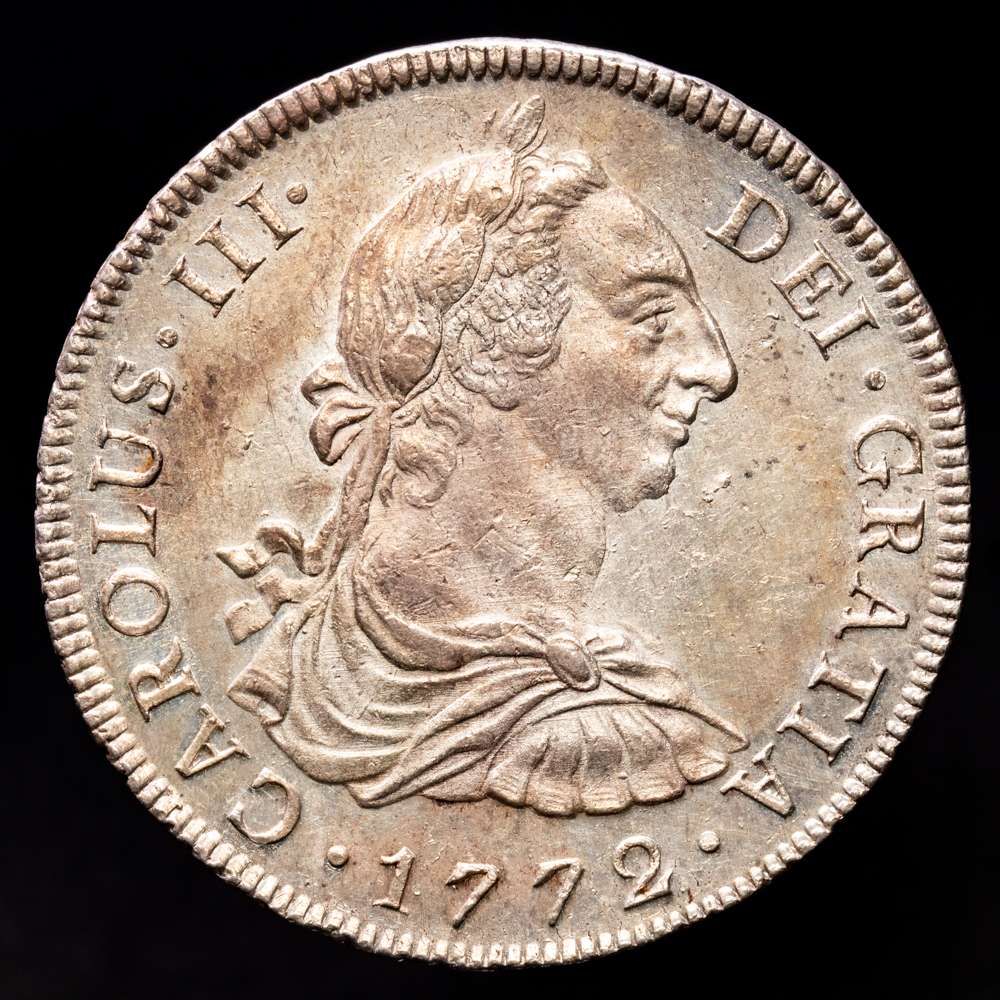 Carlos III. 8 Reales. (26,85 g.). Lima. 1772. J·M. AC-1035. Primer año de busto. Muy bella. Rara así. Parte de brillo original. EBC+.