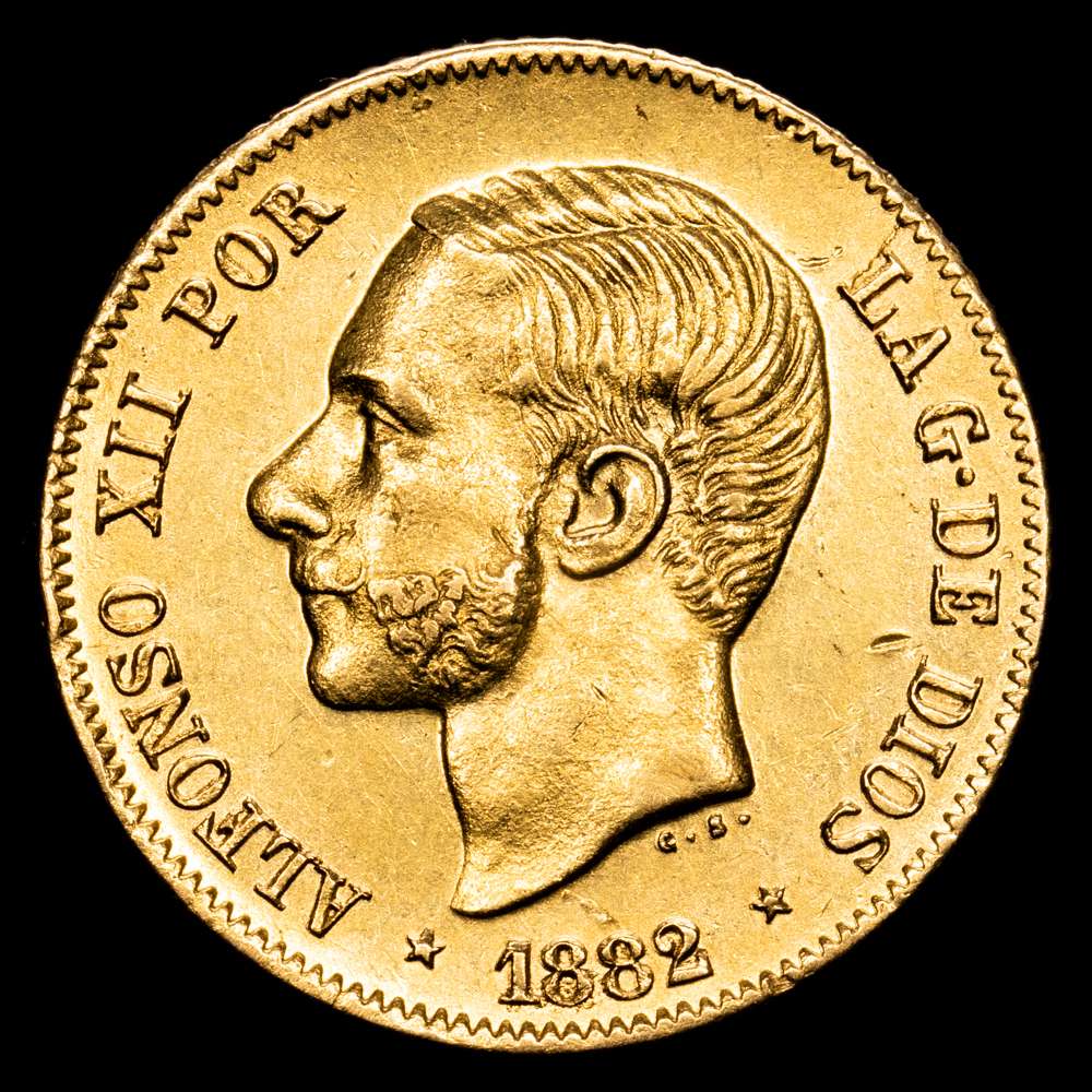 Alfonso XII (1874-1885). 4 pesos. 1882. Manila. (Cal-127). Au. 6,76 g. Magnífica con pleno brillo original e ínfimas marquitas. Rarísima. EBC+.