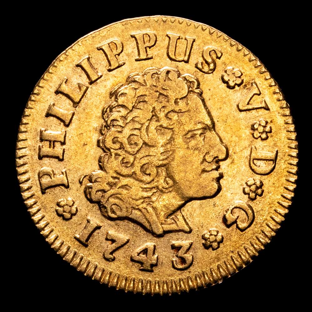 Felipe V (1700-1746). 1/2 escudo. 1743. Madrid. JA. (Cal 2008-573). (Cal 2019-1635). Au. 1,75 gramos. MBC+.