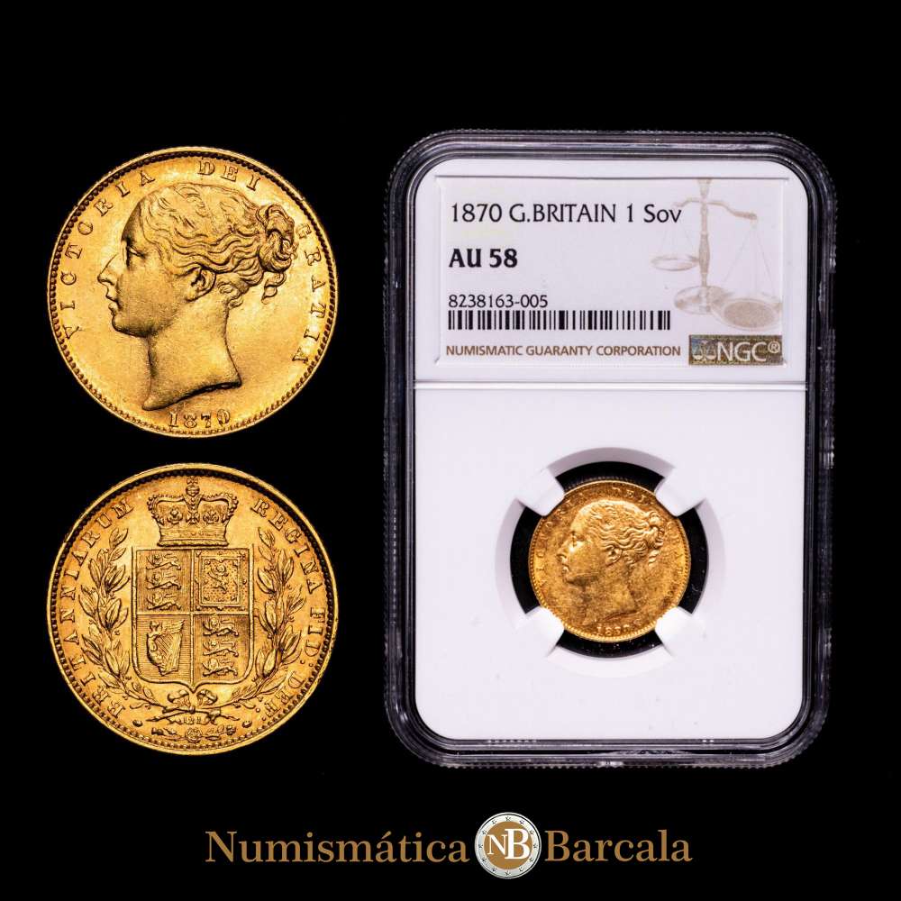 Moneda de Gran Bretaña Victoria de 1870 AU58 NGC, KM736.2, S-3853B. Troquel n.° 121. Relieve WW.