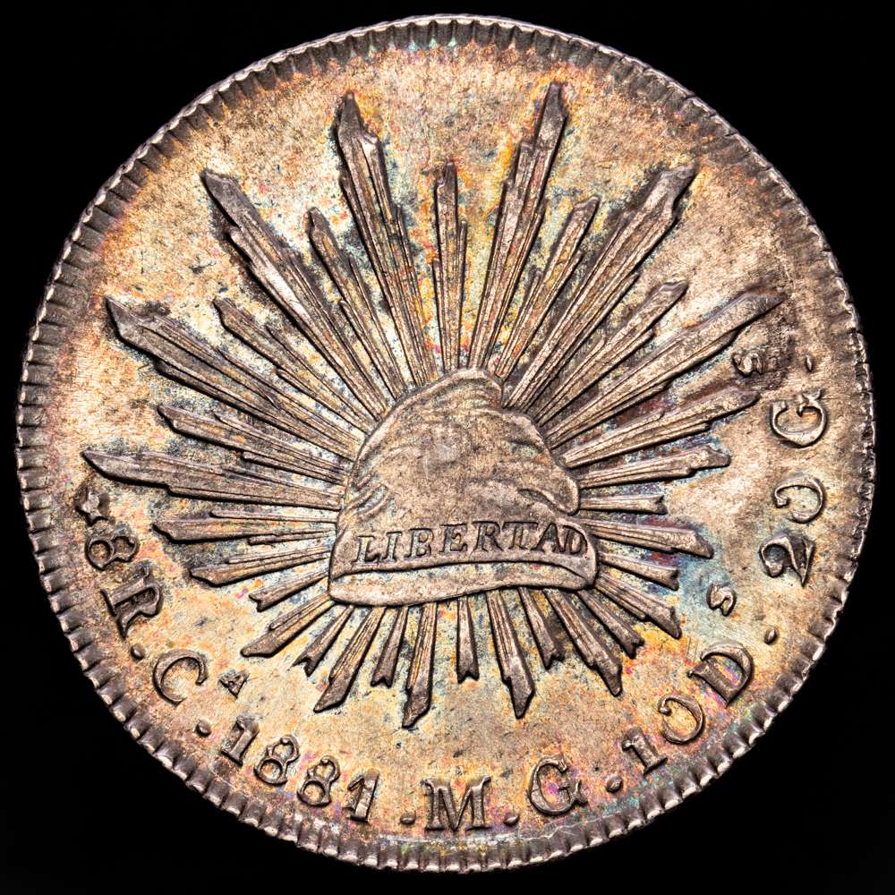 México. 8 Reales. (27,13 g.). Chihuahua. 1881. M·G. KM-377,2. EBC. Atractiva. Preciosa pátina